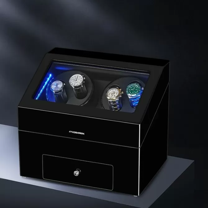 Black Auto Watch Winder Case, Built-in Blue LED Illuminated - Luxury ...