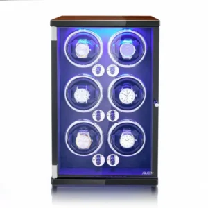 jqueen 6 piece watch winder for automatic watches walnut paint led watch winder with quiet japanese motor open the cover and stop 5 working modes 477