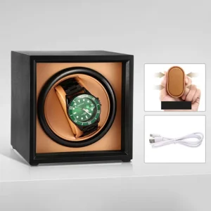 Single Watch Winder Box Leather Black with Brown Flannelet Interior