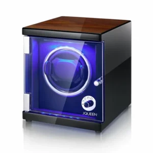 jqueen single watch winder for automatic watches walnut paint led watch winder with quiet japanese motor open the cover and stop 5 working modes 1b2