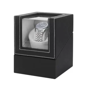 maselex single black leather shell watch winder with gray flannelet interior 717