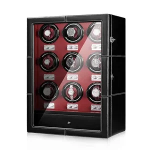 Unique Watch Winder With Nine Quiet Motors, in Black Red Leather