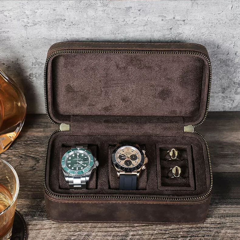 Handmade Leather Travel Jewelry Watch Box with 3 Slots