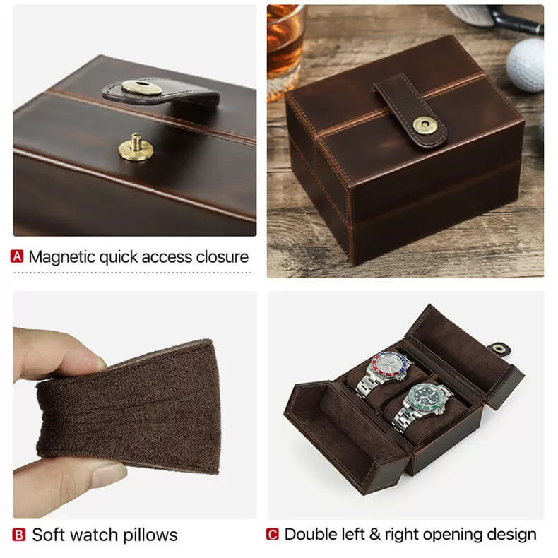 Handmade Portable Mechanical Watch Case With Brown Leather for 2 Watch