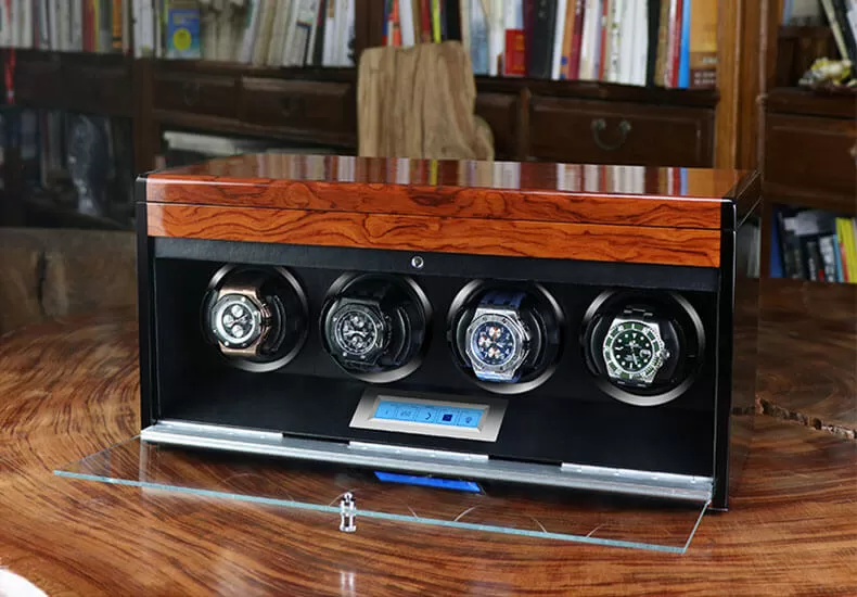 Luxury 4 Watch Winder Box with Drawer in Ebony