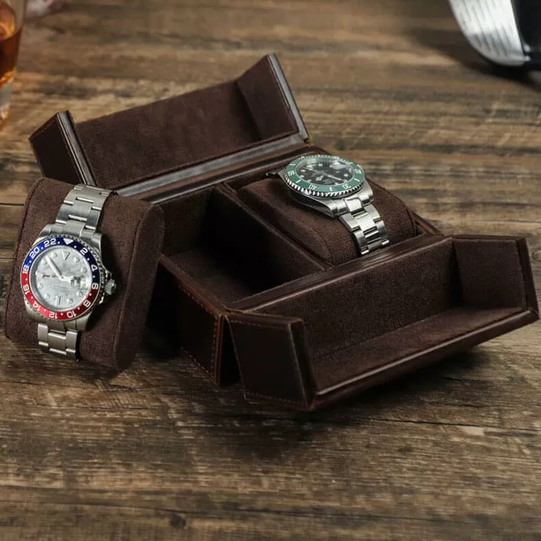 Handmade Portable Mechanical Watch Case With Brown Leather for 2 Watch