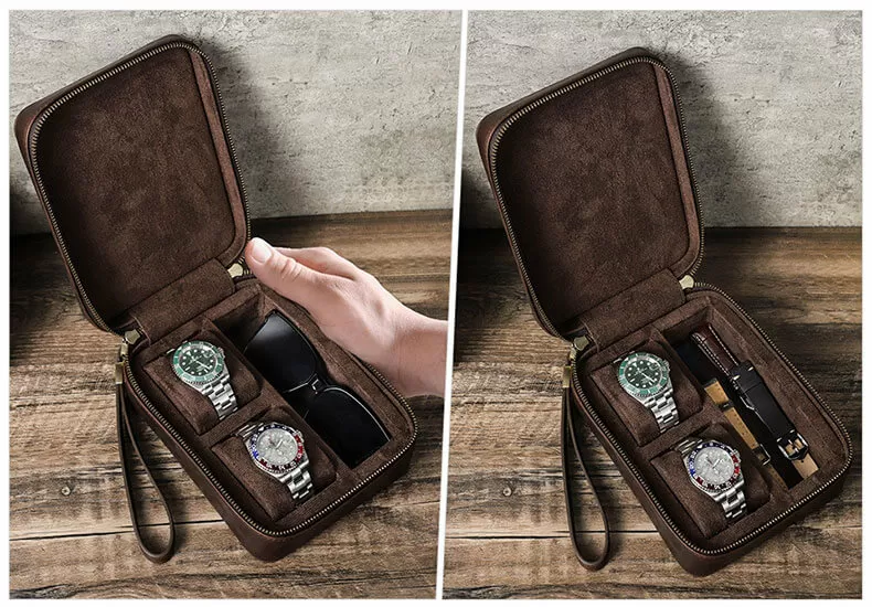 Handmade Leather Travel Watch Glasses Case with 2 Slots