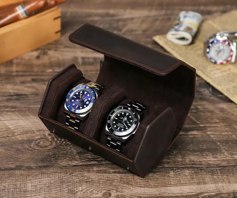 Handmade Hexagon Two-Seater Watch Case With Brown Leather
