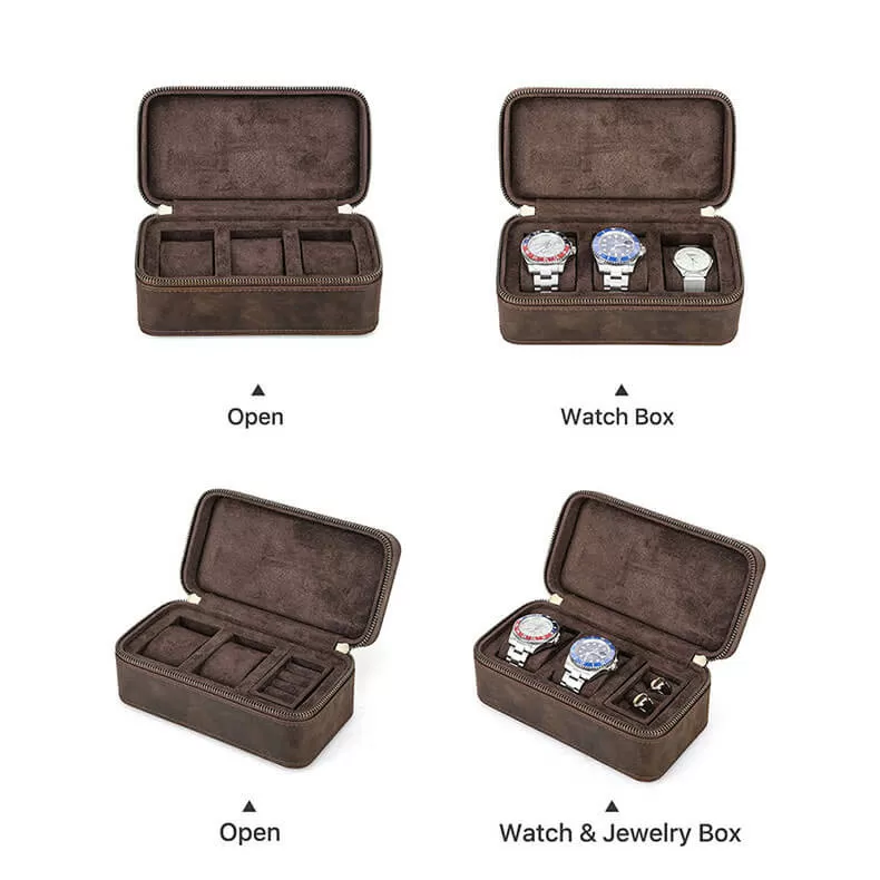 Handmade Leather Travel Jewelry Watch Box with 3 Slots